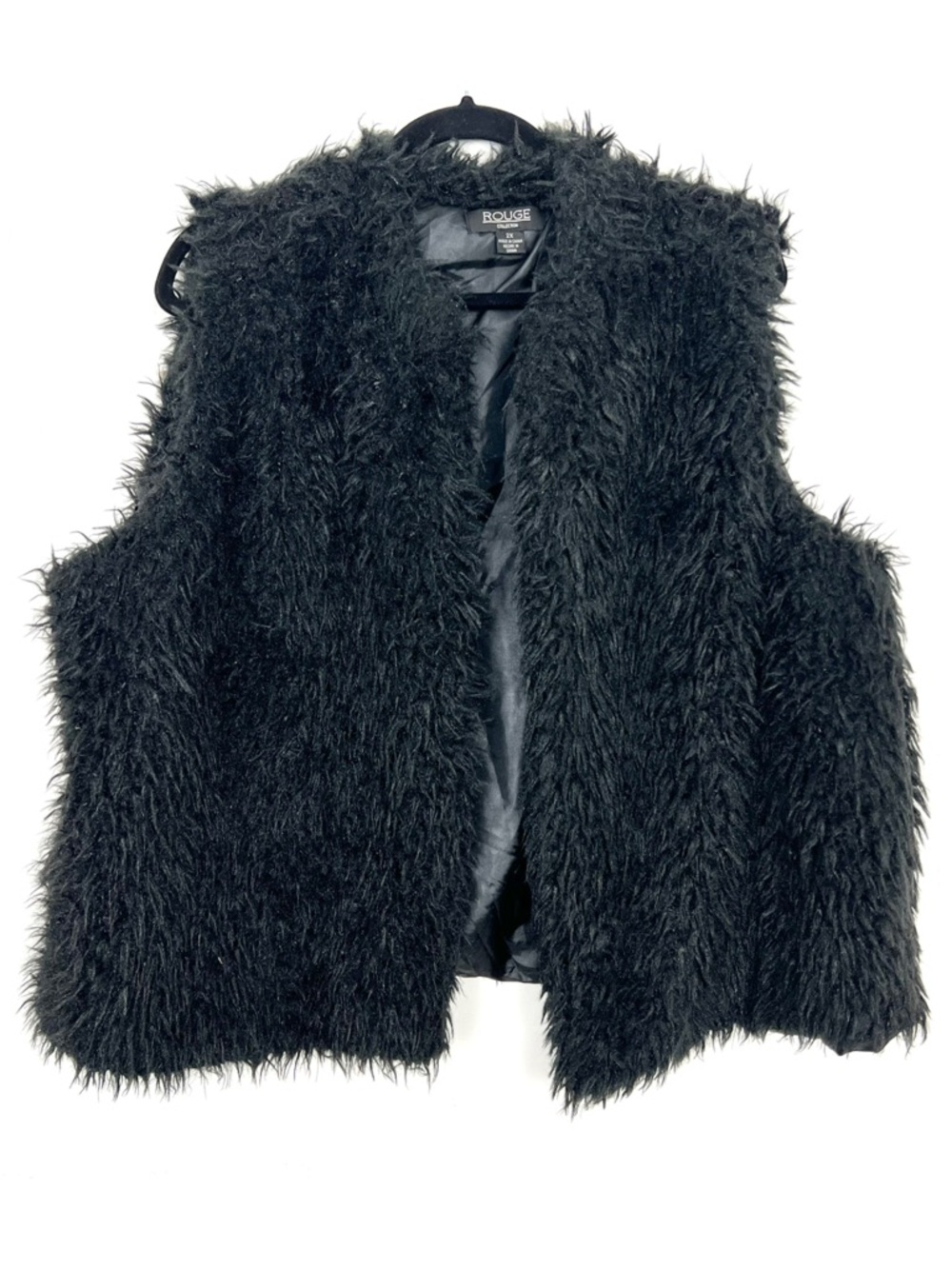 Rouge Collection Black Faux Fur Vest Fluffy Open Front 2X